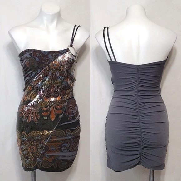 Siren Lily One Shoulder Sequin Bodycon Mini Dress Ruched Party Clubwear XS/S - Picture 1 of 17